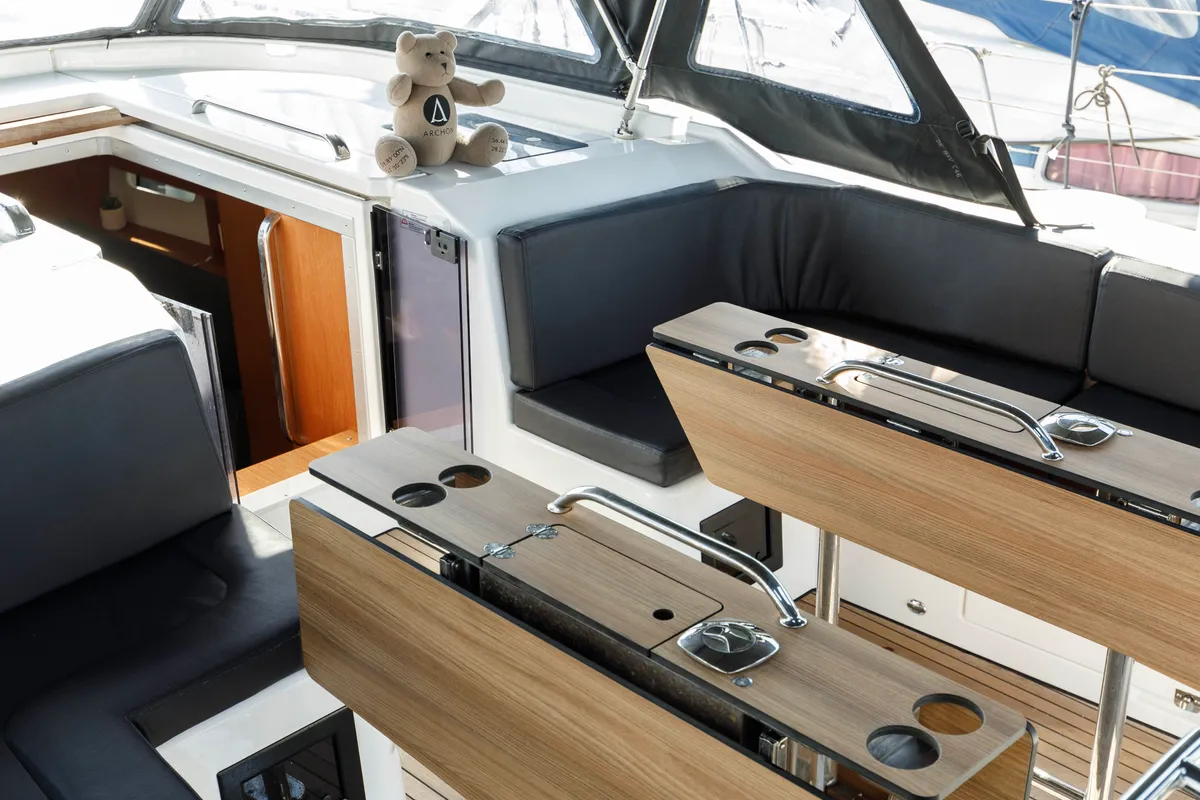 Deck of Captain Melianos, a Bavaria C46 sailboat at Kos, Greece