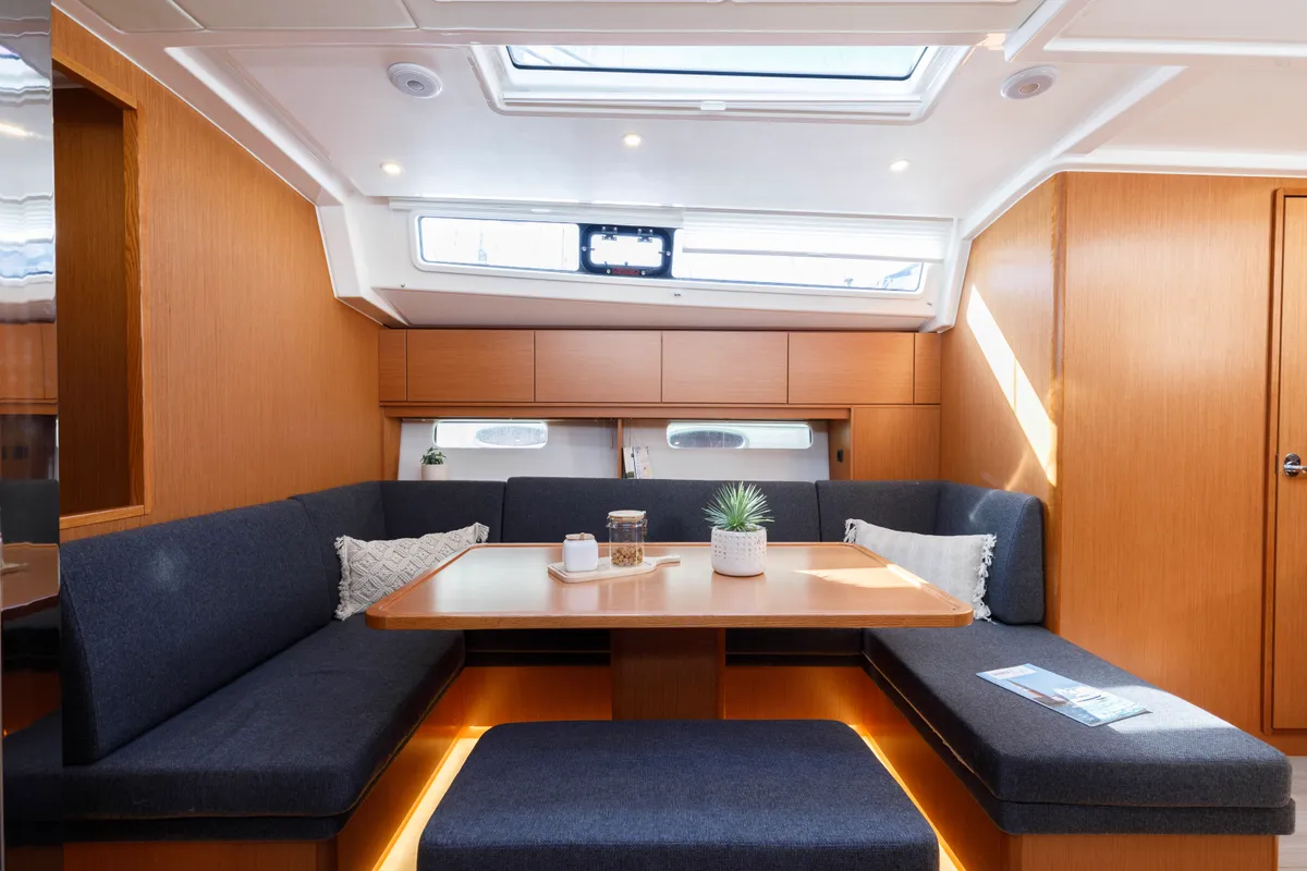 Salon of Captain Melianos, a Bavaria C46 sailboat at Kos, Greece