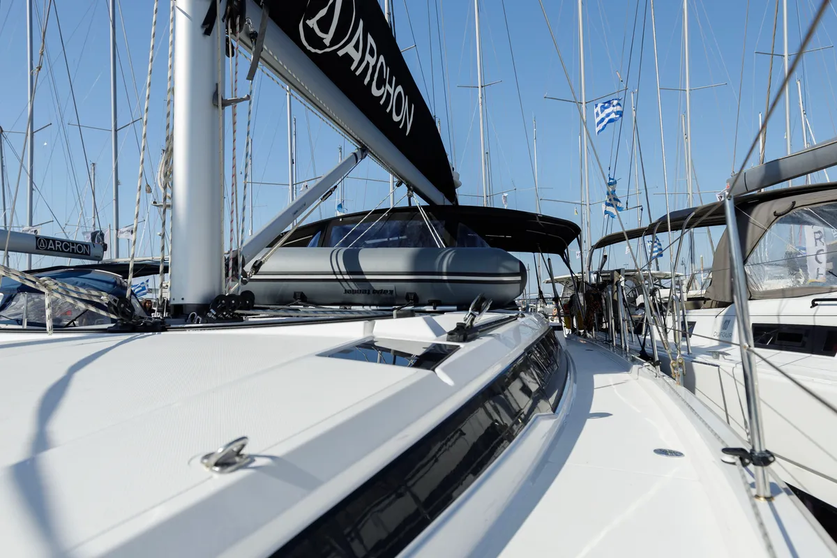 Deck of Captain Melianos, a Bavaria C46 sailboat at Kos, Greece