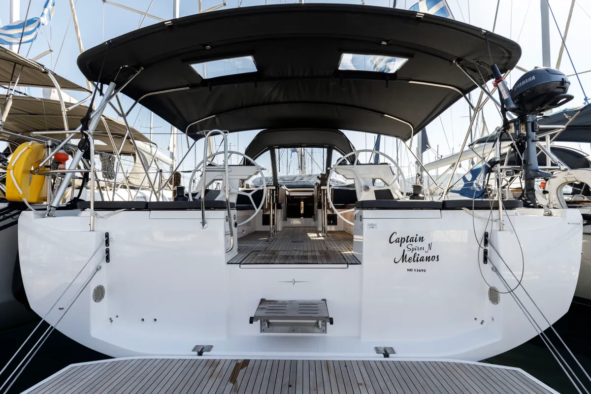 Exterior view of Captain Melianos, a Bavaria C46 sailboat at Kos, Greece