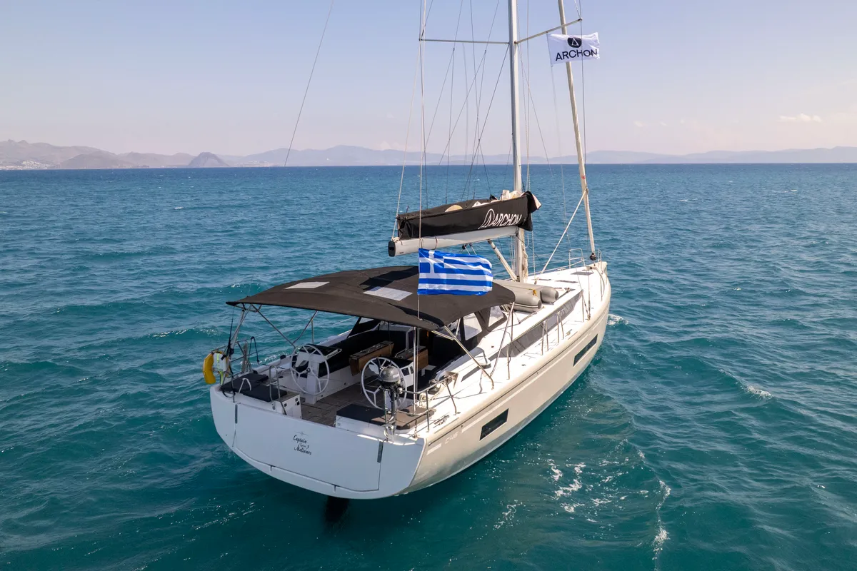 Exterior view of Captain Melianos, a Bavaria C46 sailboat at Kos, Greece