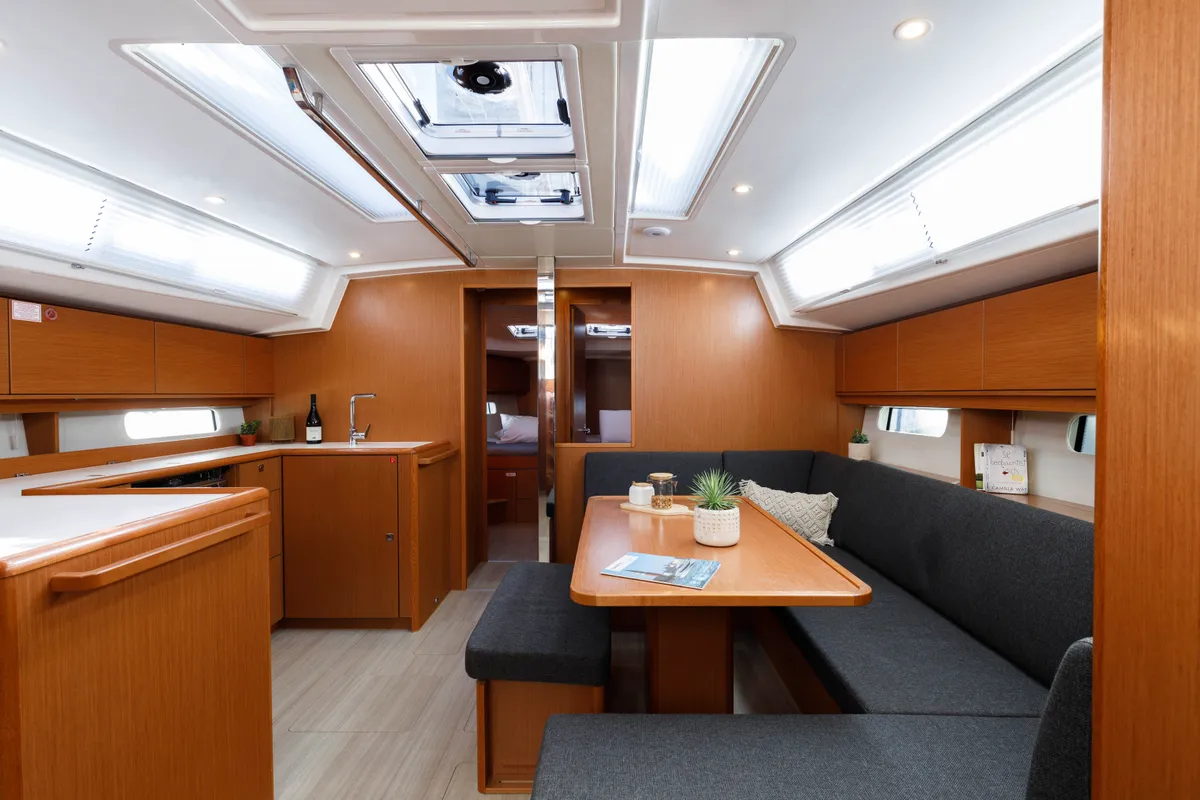Salon of Captain Melianos, a Bavaria C46 sailboat at Kos, Greece