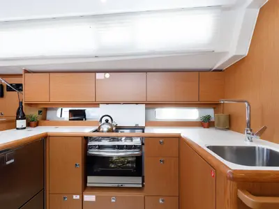 Galley of Captain Melianos, a Bavaria C46 sailboat at Kos, Greece