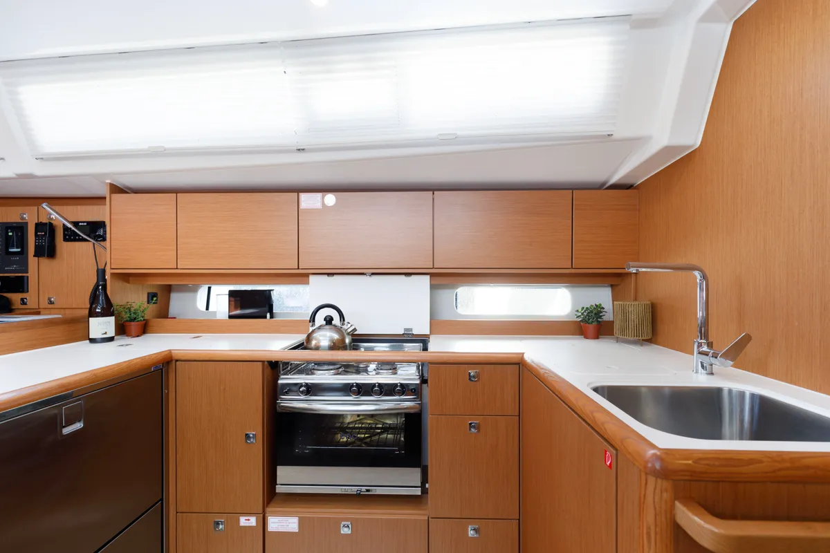 Galley of Captain Melianos, a Bavaria C46 sailboat at Kos, Greece