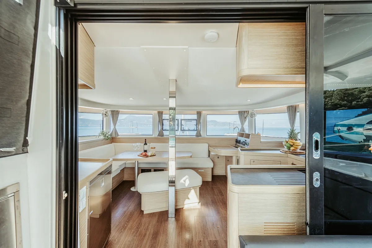 Salon of IO, a Lagoon 42 catamaran at Kontokali, Greece