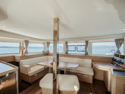 Salon of IO, a Lagoon 42 catamaran at Kontokali, Greece