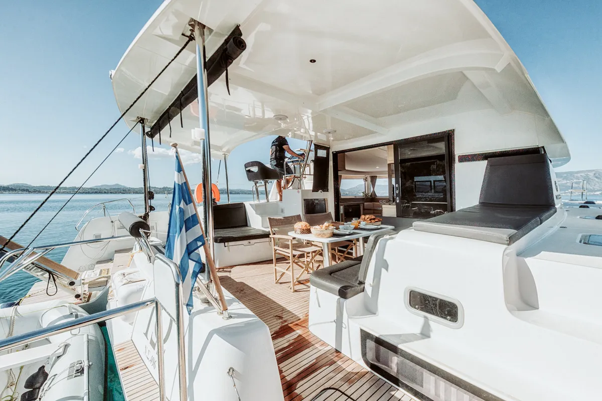 Deck of IO, a Lagoon 42 catamaran at Kontokali, Greece