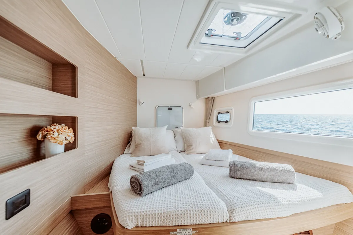 Cabin on IO, a Lagoon 42 catamaran at Kontokali, Greece