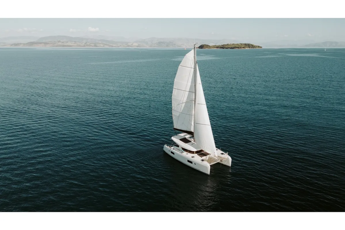 Exterior view of IO, a Lagoon 42 catamaran at Kontokali, Greece