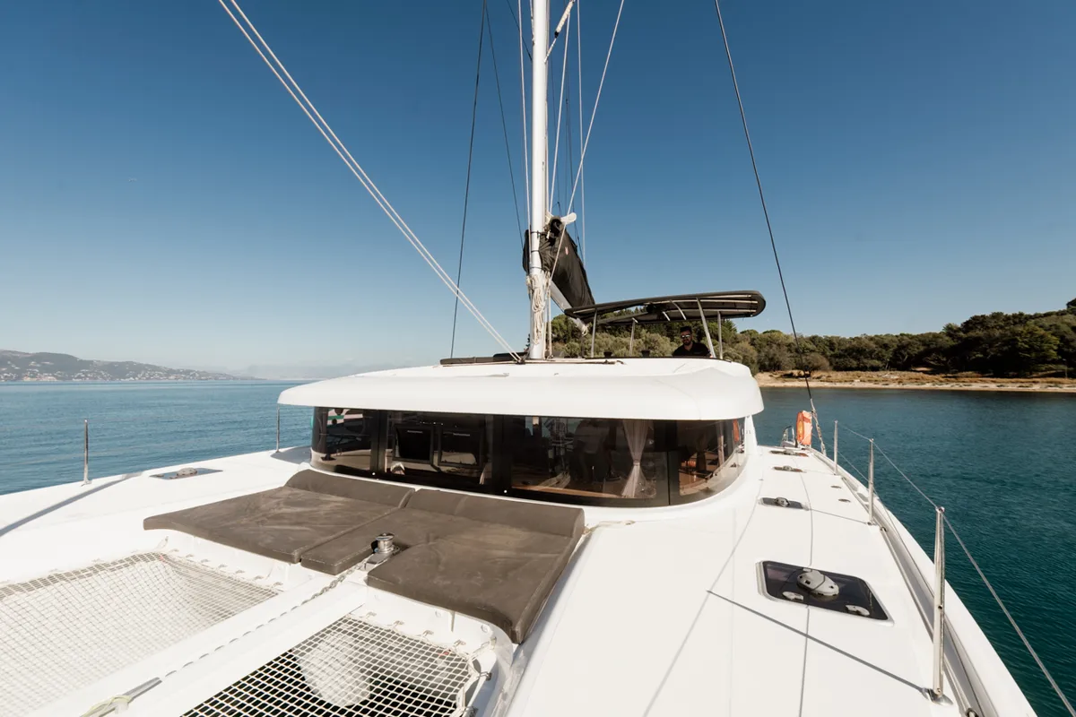 Deck of IO, a Lagoon 42 catamaran at Kontokali, Greece