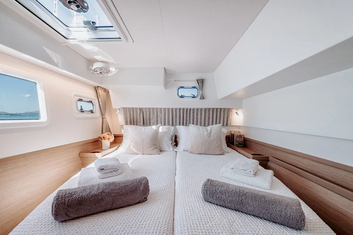 Cabin on IO, a Lagoon 42 catamaran at Kontokali, Greece