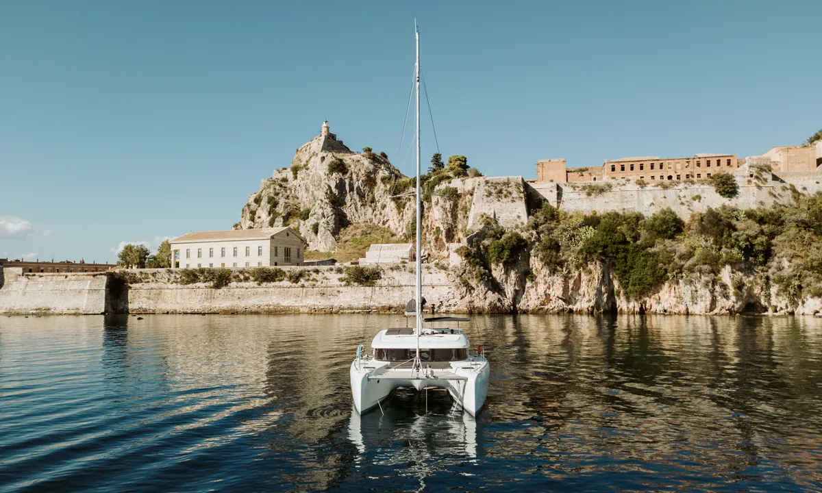 Exterior view of IO, a Lagoon 42 catamaran at Kontokali, Greece