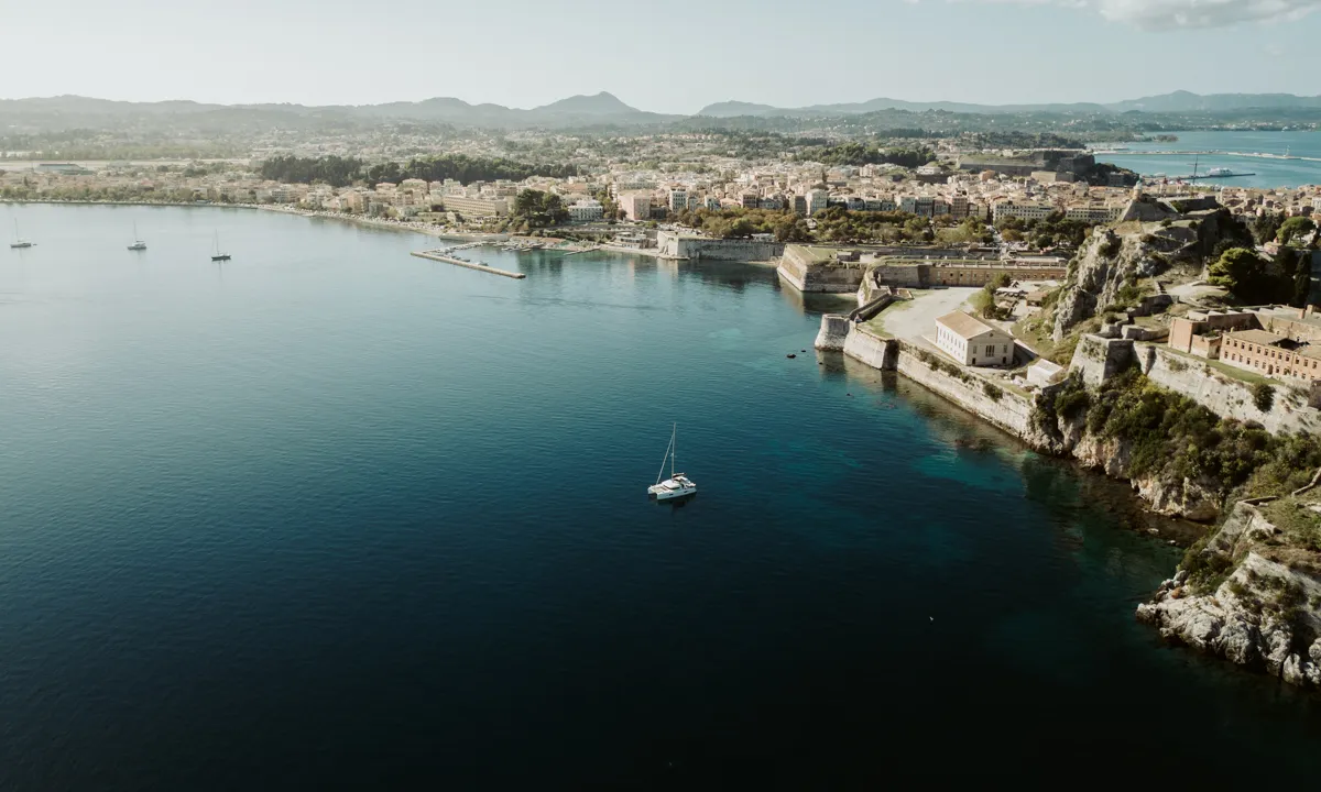 Exterior view of IO, a Lagoon 42 catamaran at Kontokali, Greece
