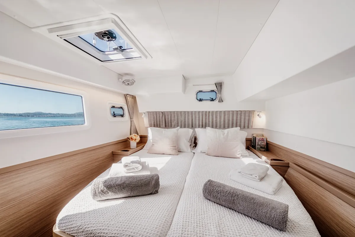 Cabin on IO, a Lagoon 42 catamaran at Kontokali, Greece