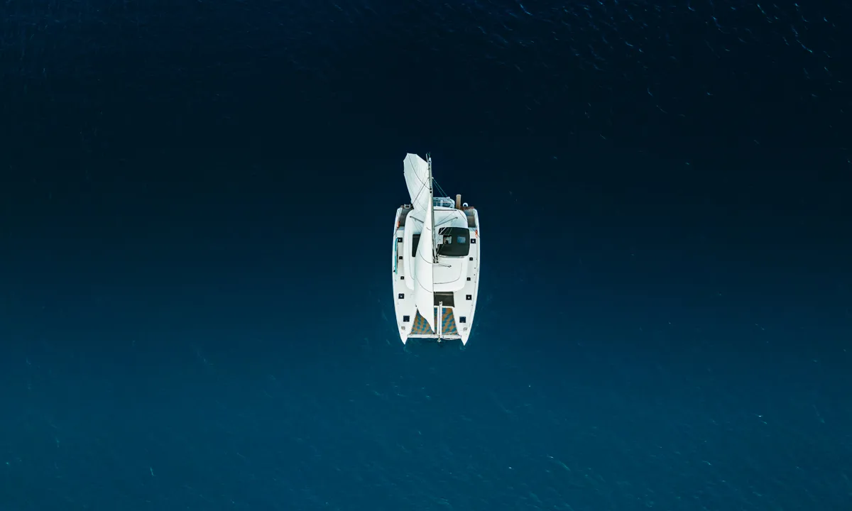 Exterior view of IO, a Lagoon 42 catamaran at Kontokali, Greece