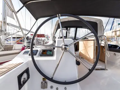 Cockpit of Elena, a Beneteau Oceanis 41.1 sailboat at Lefkada, Greece