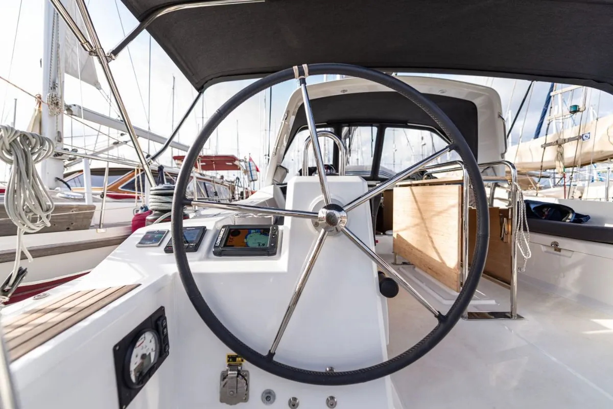 Cockpit of Elena, a Beneteau Oceanis 41.1 sailboat at Municipal Unit of Lefkada, Greece