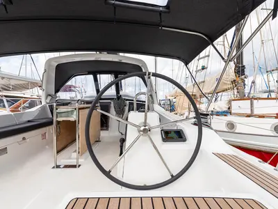 Cockpit of Elena, a Beneteau Oceanis 41.1 sailboat at Municipal Unit of Lefkada, Greece