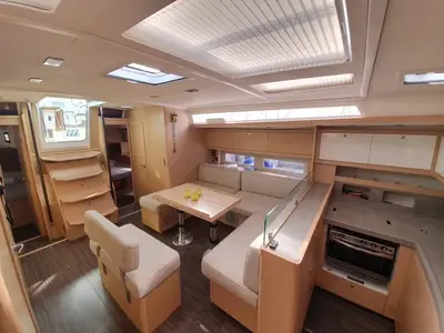 Salon of Grande Sofia, a Dufour 530 sailboat at Lavrion, Greece