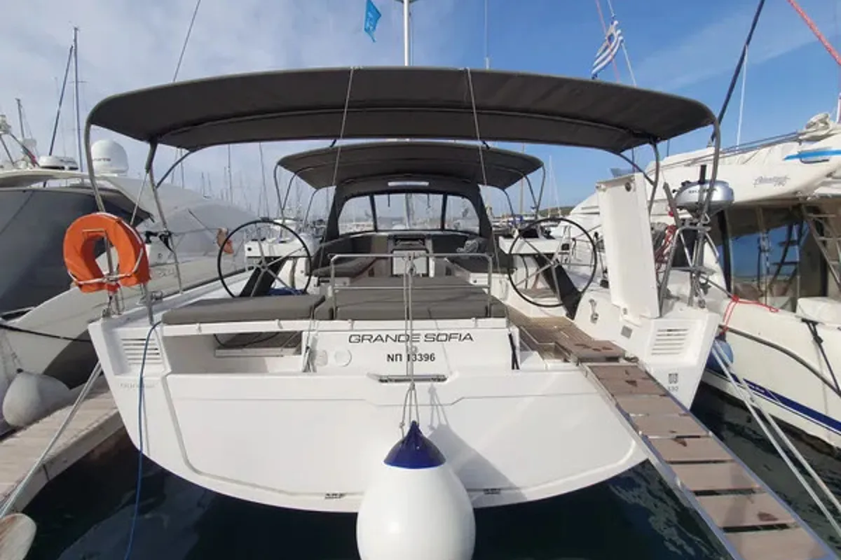 Exterior view of Grande Sofia, a Dufour 530 sailboat at Lavrion, Greece