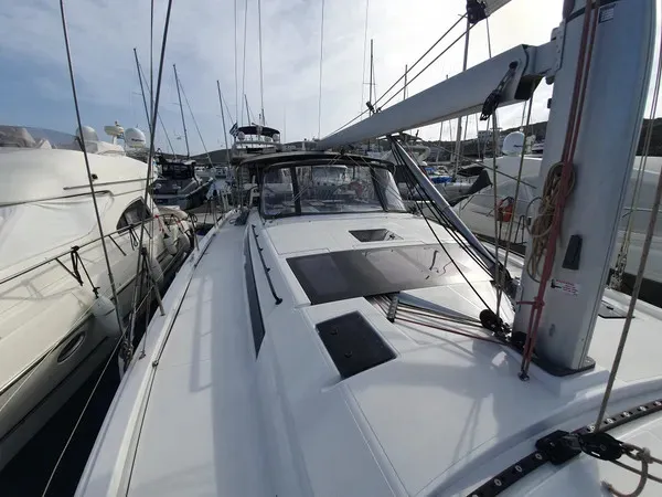 Deck of Grande Sofia, a Dufour 530 sailboat at Lavrion, Greece
