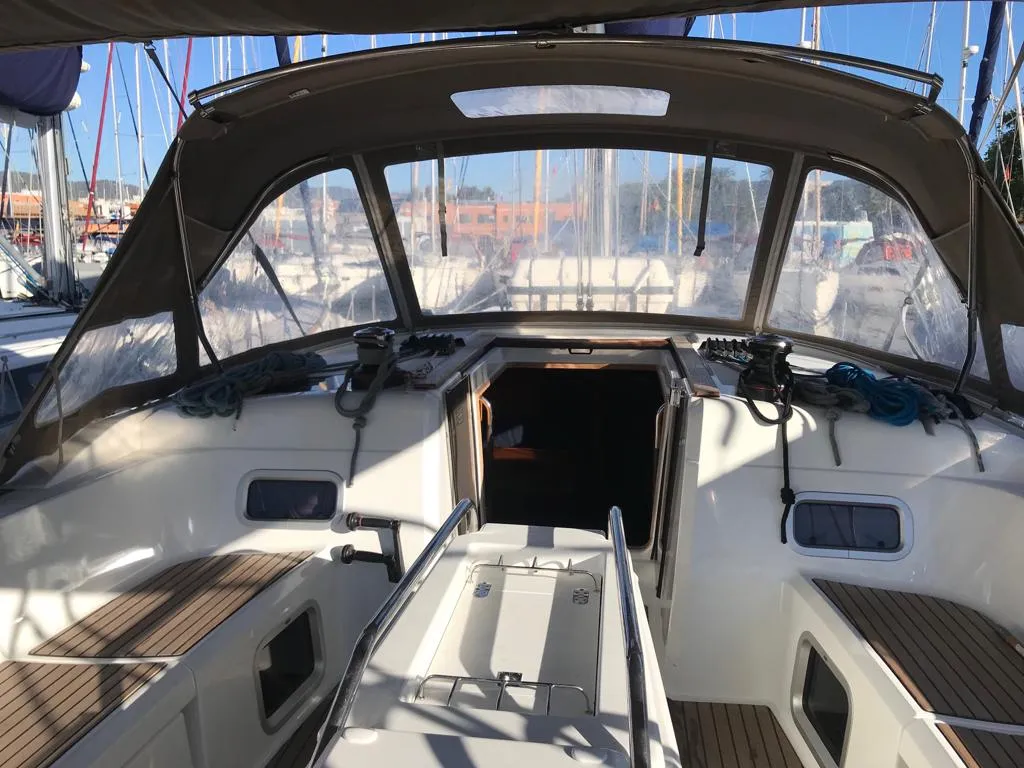 Cockpit of Alboran Bourbon, a Jeanneau Sun Odyssey 519 sailboat at es Jonquet, Spain