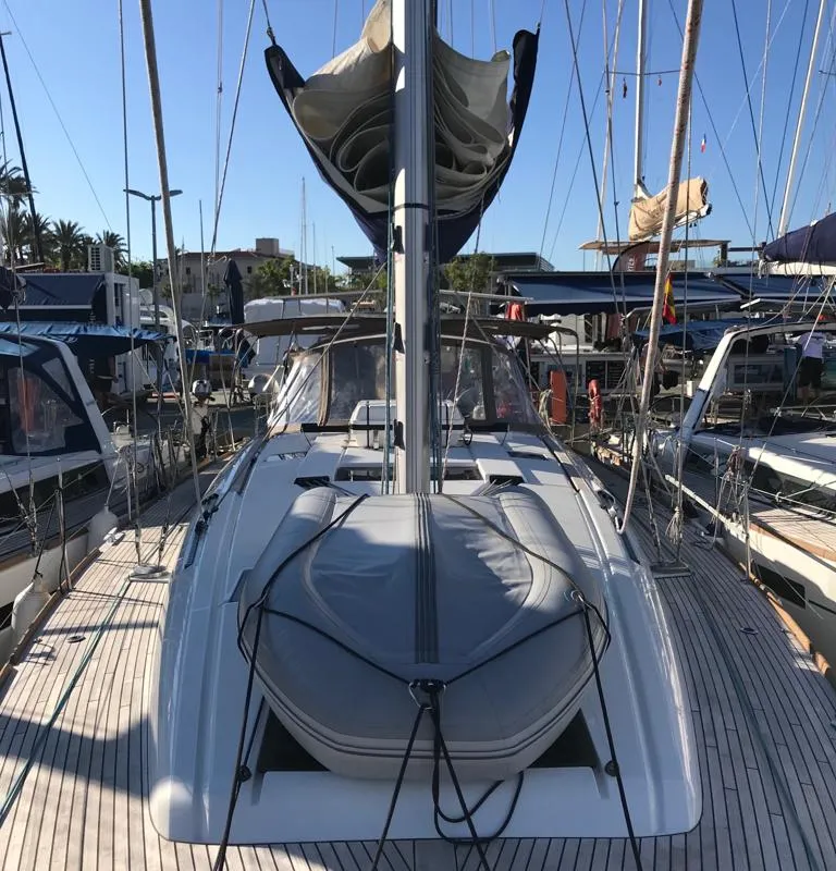Deck of Alboran Bourbon, a Jeanneau Sun Odyssey 519 sailboat at es Jonquet, Spain
