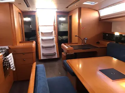 Salon of Alboran Bourbon, a Jeanneau Sun Odyssey 519 sailboat at es Jonquet, Spain