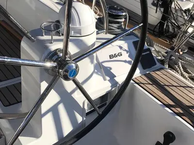 Cockpit of Alboran Bourbon, a Jeanneau Sun Odyssey 519 sailboat at es Jonquet, Spain