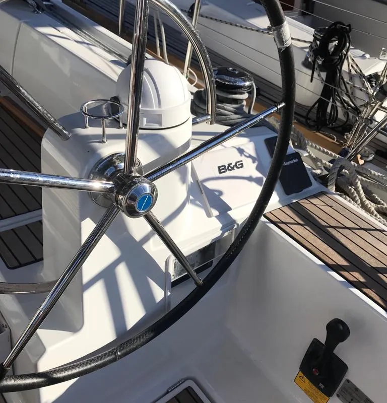 Cockpit of Alboran Bourbon, a Jeanneau Sun Odyssey 519 sailboat at es Jonquet, Spain