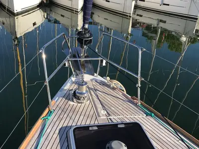 Deck of Alboran Bourbon, a Jeanneau Sun Odyssey 519 sailboat at es Jonquet, Spain