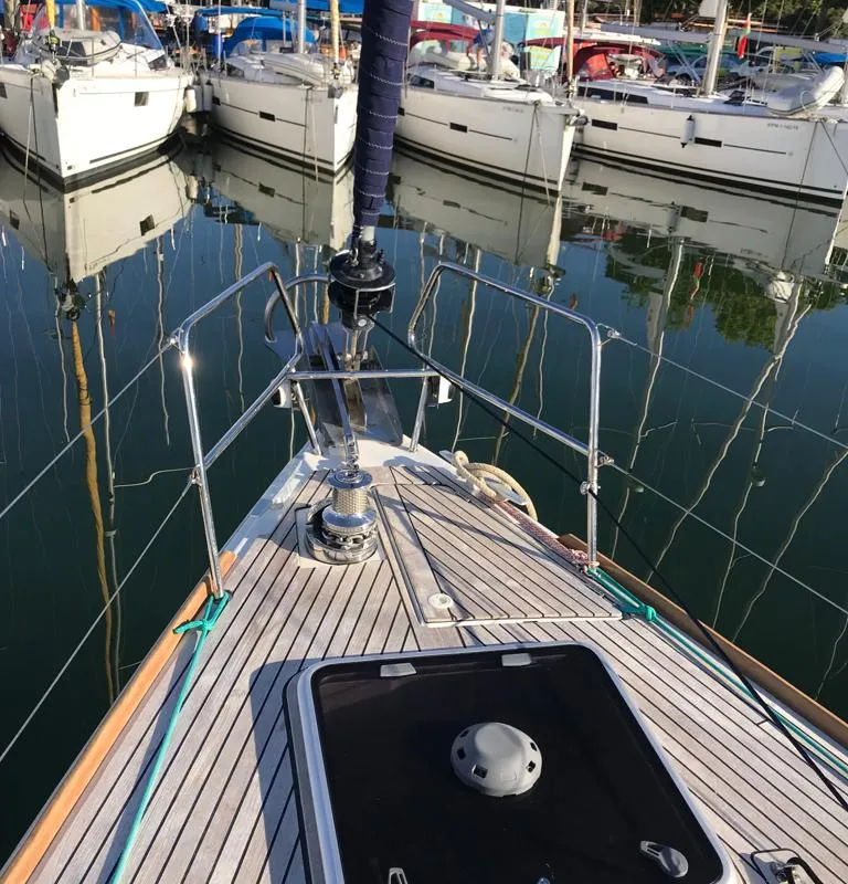 Deck of Alboran Bourbon, a Jeanneau Sun Odyssey 519 sailboat at es Jonquet, Spain