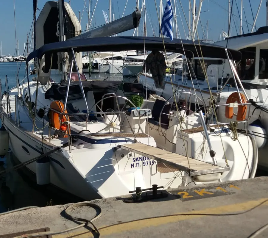 Exterior view of Sandra, a Bavaria 46 Cruiser sailboat at Municipal Unit of Lefkada, Greece