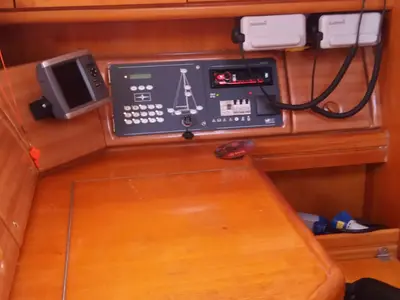 Cockpit of Sandra, a Bavaria 46 Cruiser sailboat at Municipal Unit of Lefkada, Greece