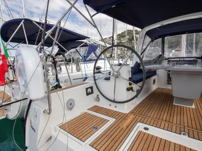 Cockpit of Arianna, a Beneteau Oceanis 41.1 sailboat at Capo d'Orlando, Italy