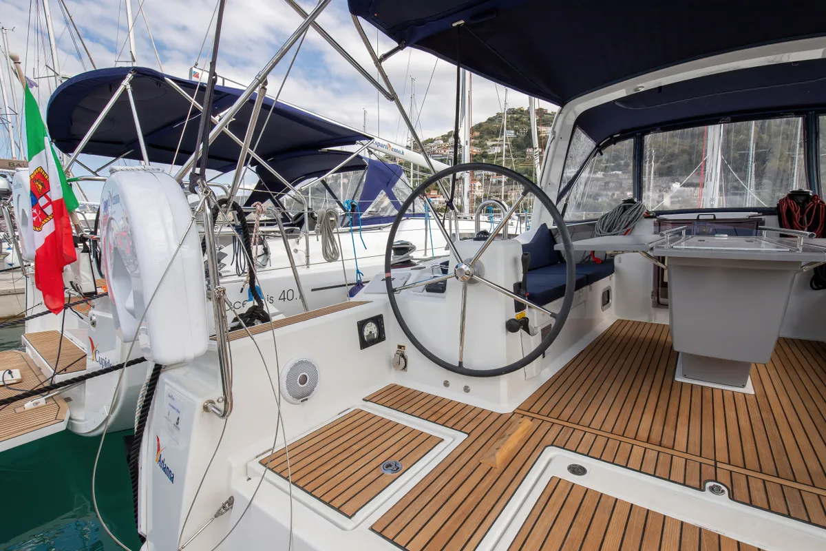 Cockpit of Arianna, a Beneteau Oceanis 41.1 sailboat at Capo d'Orlando, Italy