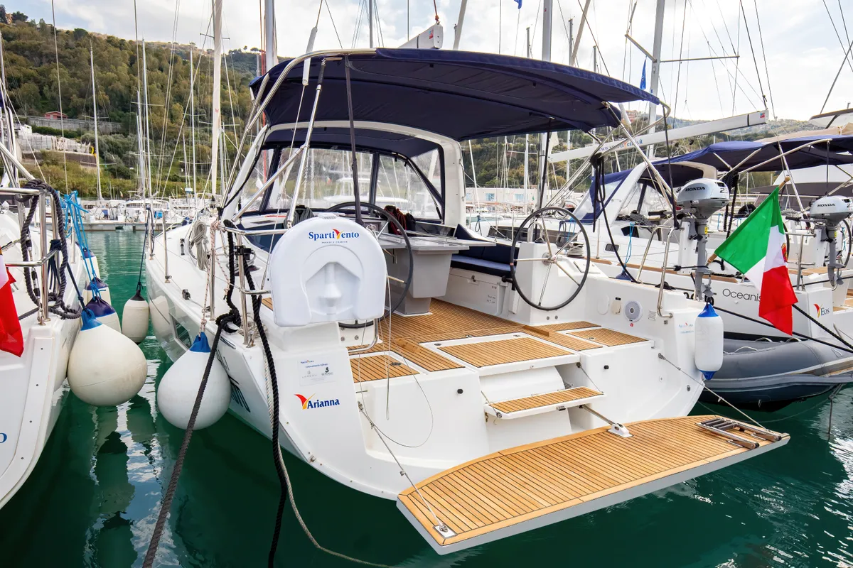 Exterior view of Arianna, a Beneteau Oceanis 41.1 sailboat at Capo d'Orlando, Italy