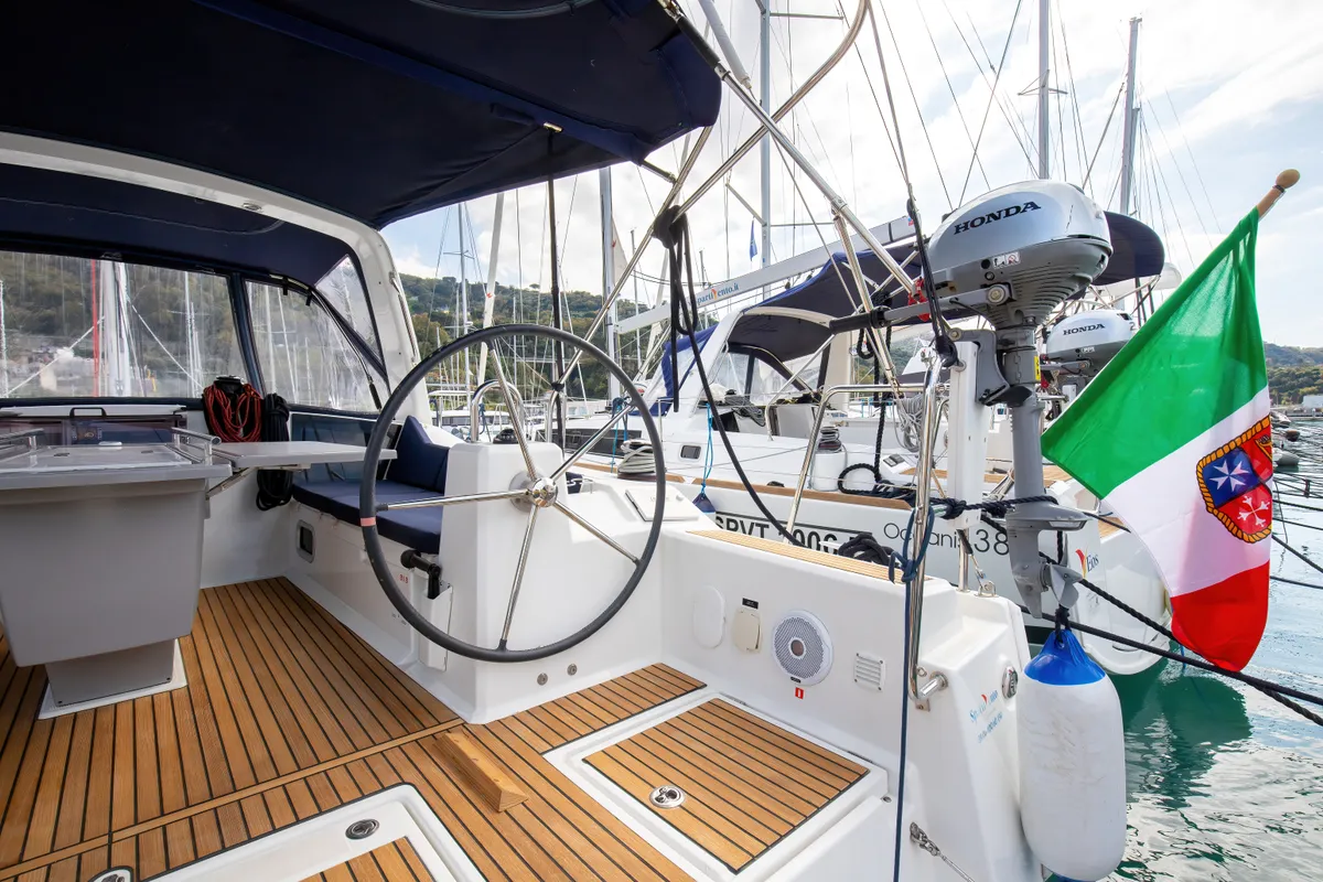 Cockpit of Arianna, a Beneteau Oceanis 41.1 sailboat at Capo d'Orlando, Italy