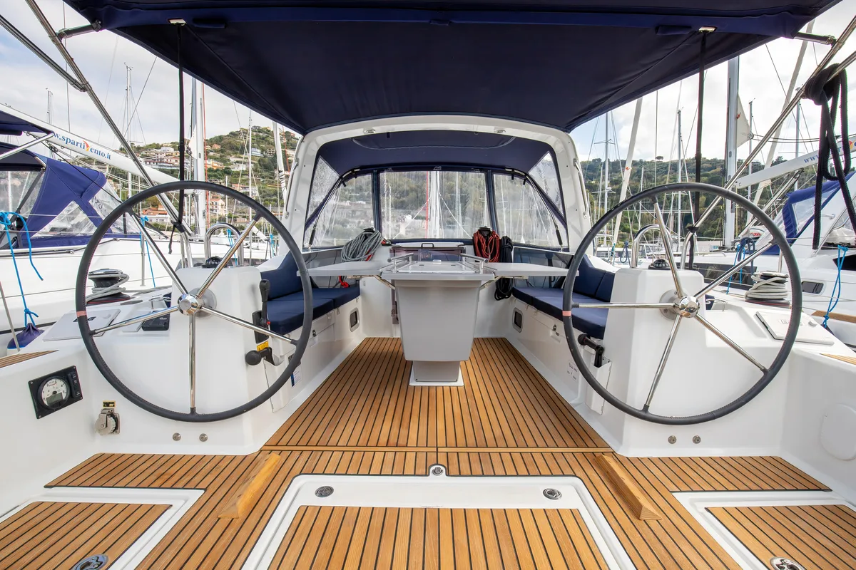 Cockpit of Arianna, a Beneteau Oceanis 41.1 sailboat at Capo d'Orlando, Italy