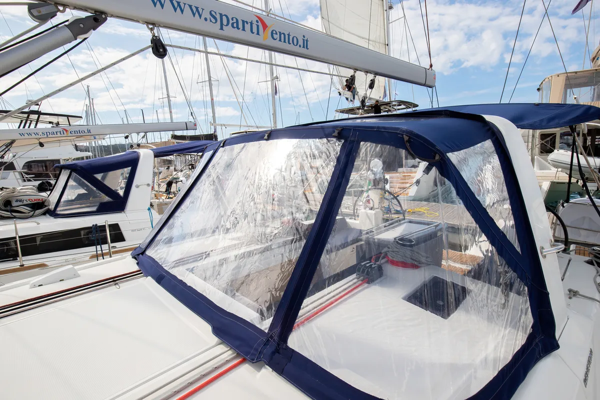 Deck of Arianna, a Beneteau Oceanis 41.1 sailboat at Capo d'Orlando, Italy