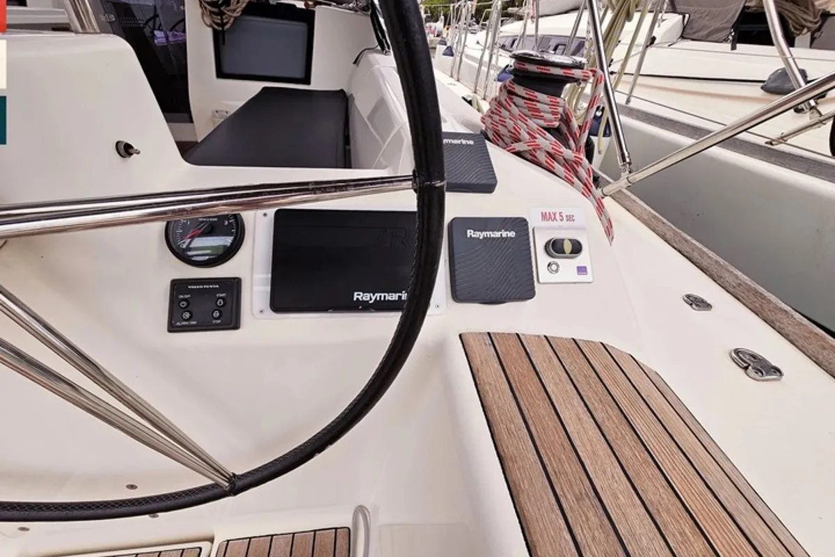 Cockpit of Ritmico, a Dufour 460 Grand Large sailboat at Municipal Unit of Ellomenos, Greece