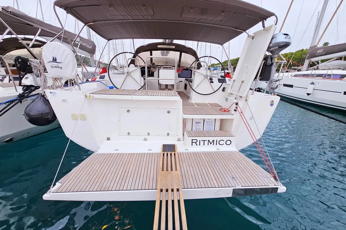 Exterior view of Ritmico, a Dufour 460 Grand Large sailboat at Municipal Unit of Ellomenos, Greece