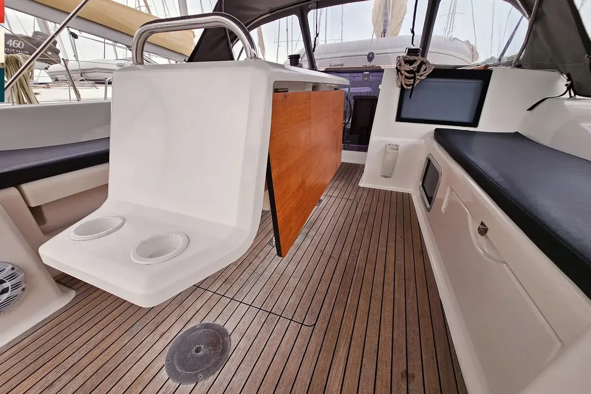 Deck of Ritmico, a Dufour 460 Grand Large sailboat at Municipal Unit of Ellomenos, Greece
