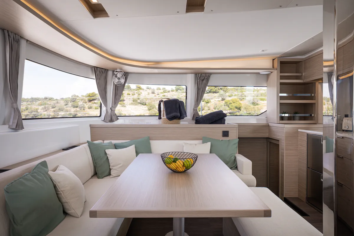 Salon of Lagoon 46, a catamaran at Kranidi, Greece