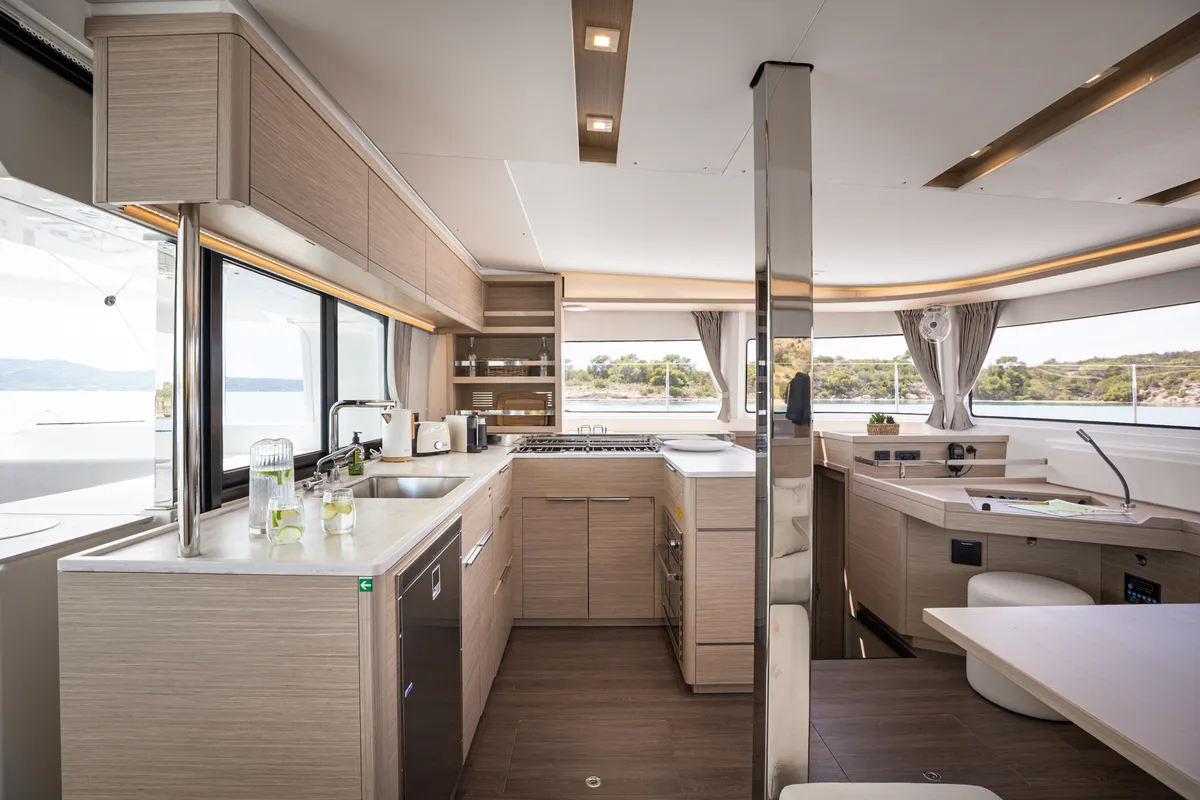 Galley of Lagoon 46, a catamaran at Kranidi, Greece