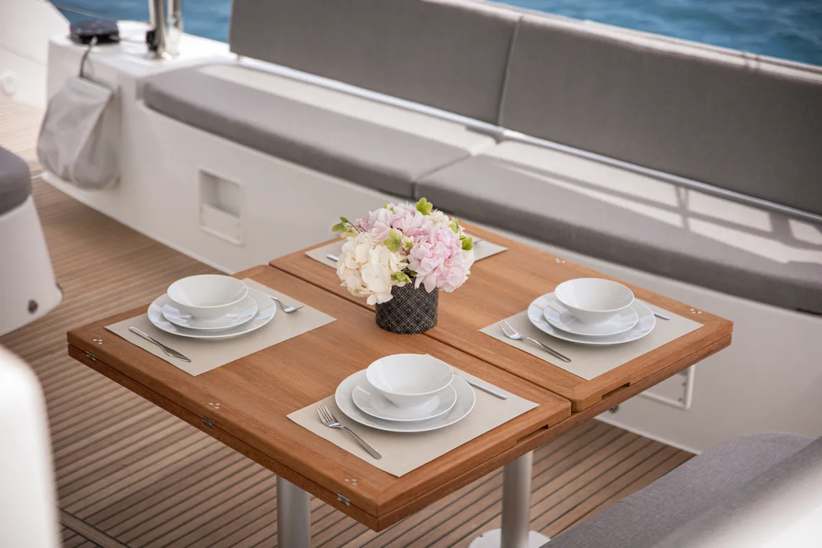 Deck of Lagoon 46, a catamaran at Kranidi, Greece