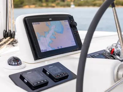 Cockpit of Lagoon 46, a catamaran at Kranidi, Greece