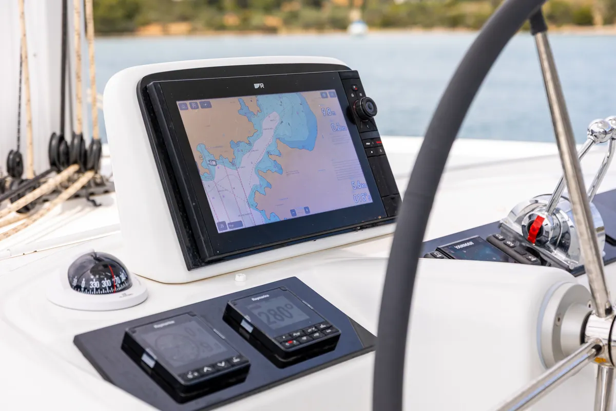 Cockpit of Lagoon 46, a catamaran at Kranidi, Greece