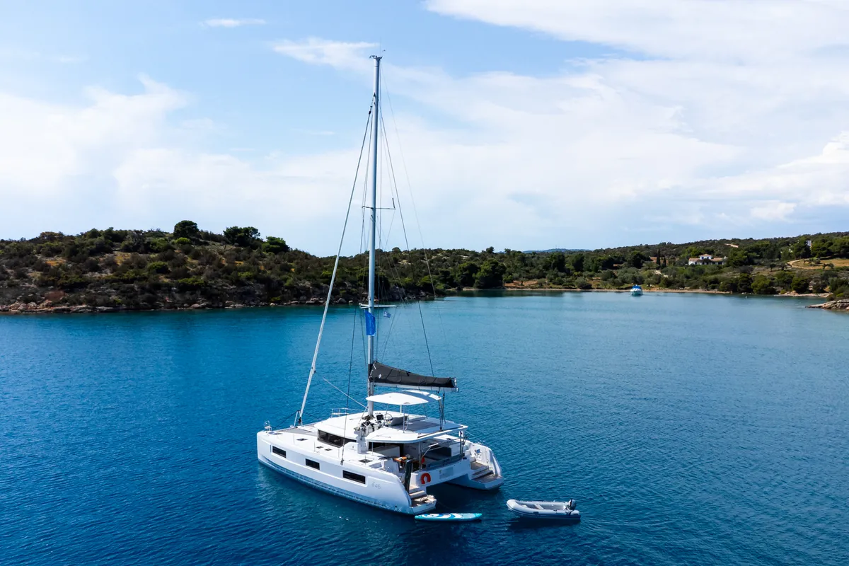 Exterior view of Lagoon 46, a catamaran at Kranidi, Greece