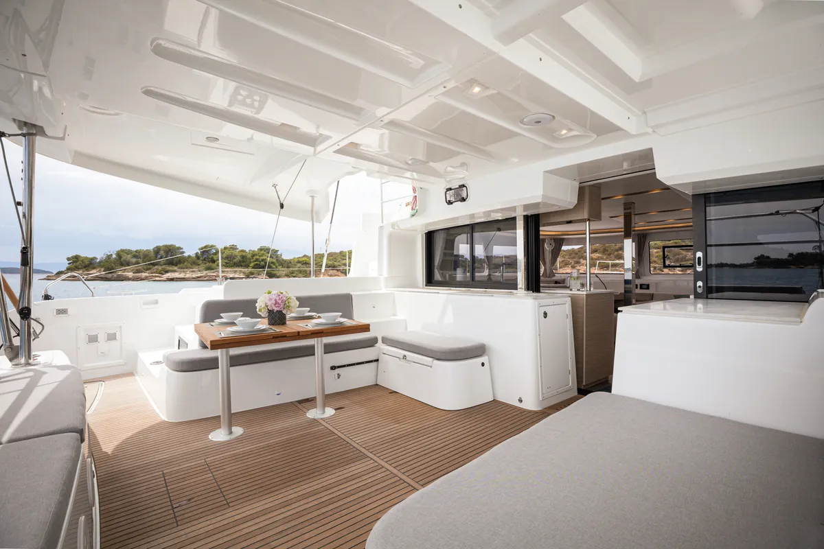 Deck of Lagoon 46, a catamaran at Kranidi, Greece